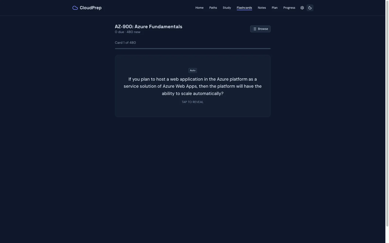 A spaced-repetition flashcard drawn from an Azure certification question bank