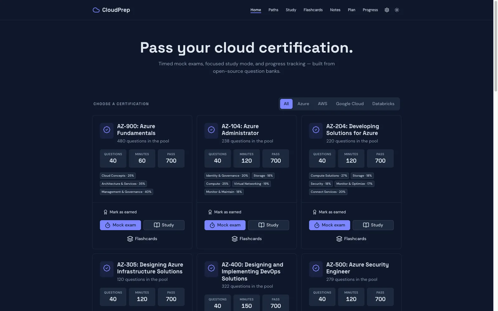 The CloudPrep certification catalogue in dark mode, listing cloud certifications with question counts and domains