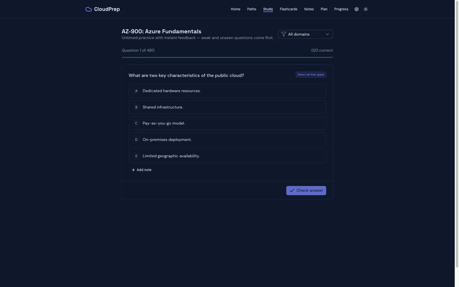 A study-mode question with multiple options, a domain filter, and instant feedback