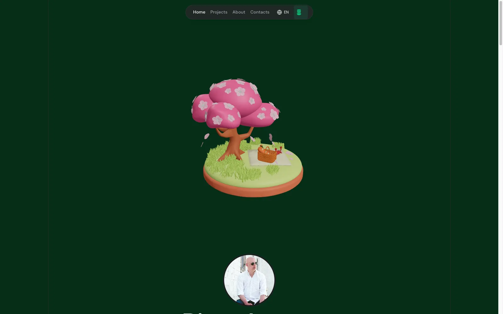 The diogo-lemos.com home page, a real-time 3D spring scene with a blossoming tree