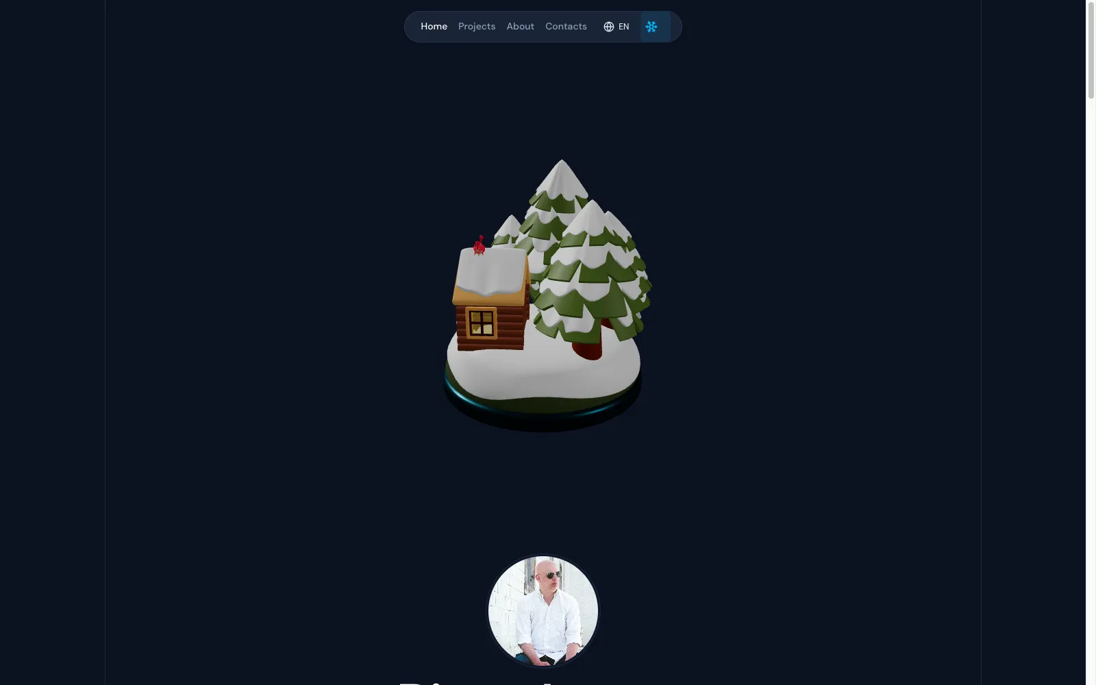 A real-time 3D winter scene with a snowy cabin and pine trees