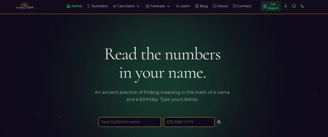 The Esoteric Numbers home page, headlined "Read the numbers in your name"