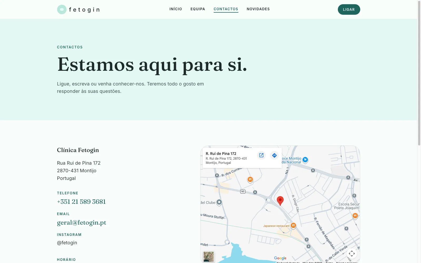 The contact page with the clinic address, phone, and a map of Montijo