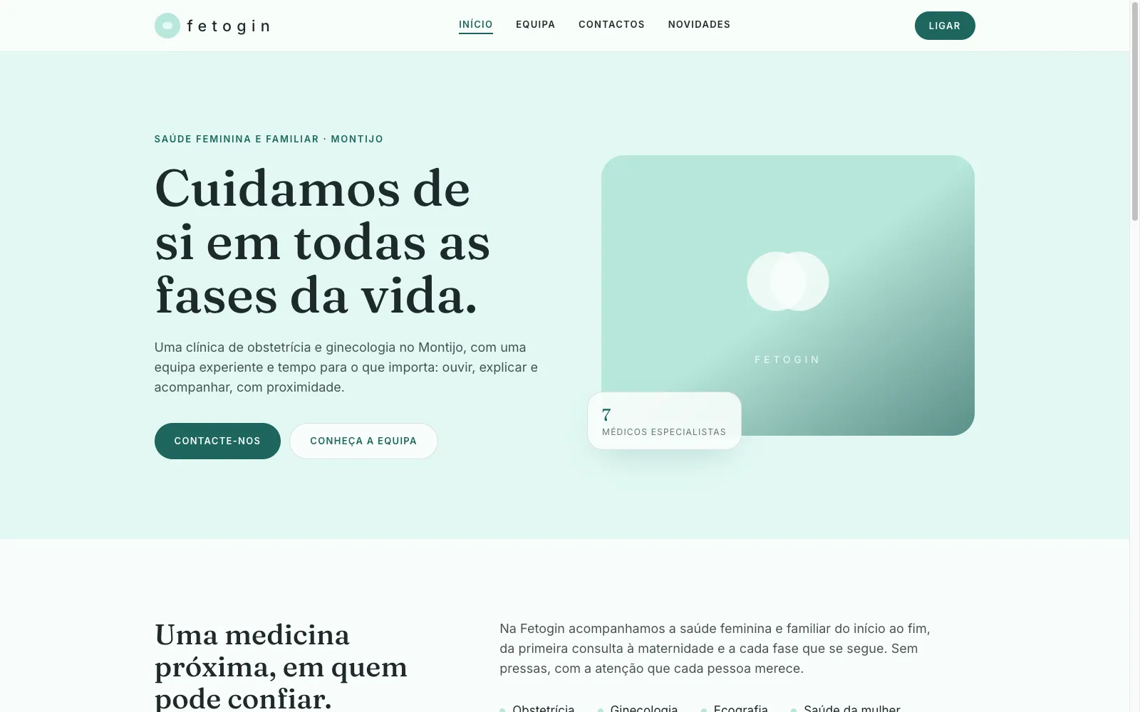 The Fetogin clinic home page, headlined "Cuidamos de si em todas as fases da vida"