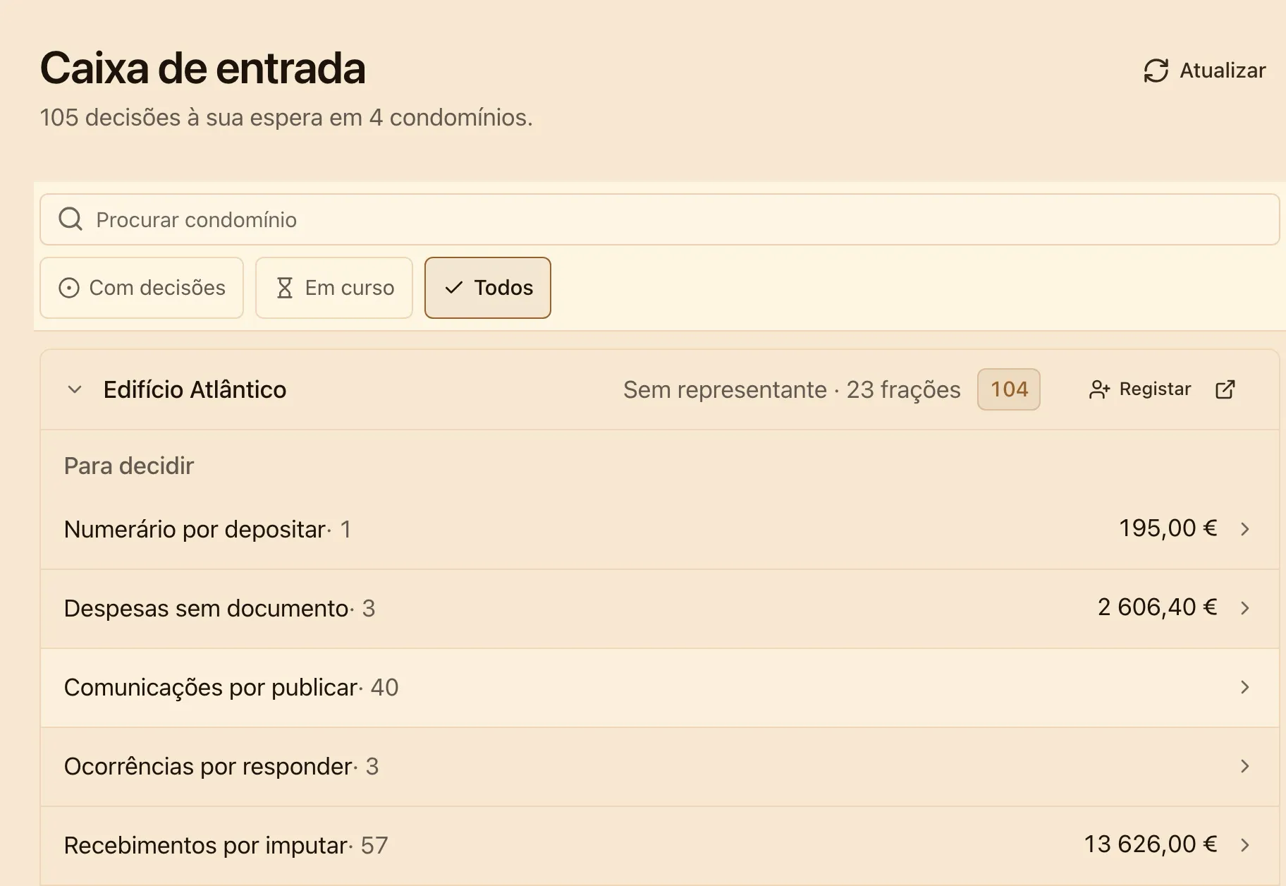 The Neseia portfolio inbox, listing what awaits a decision in each building with demonstration data