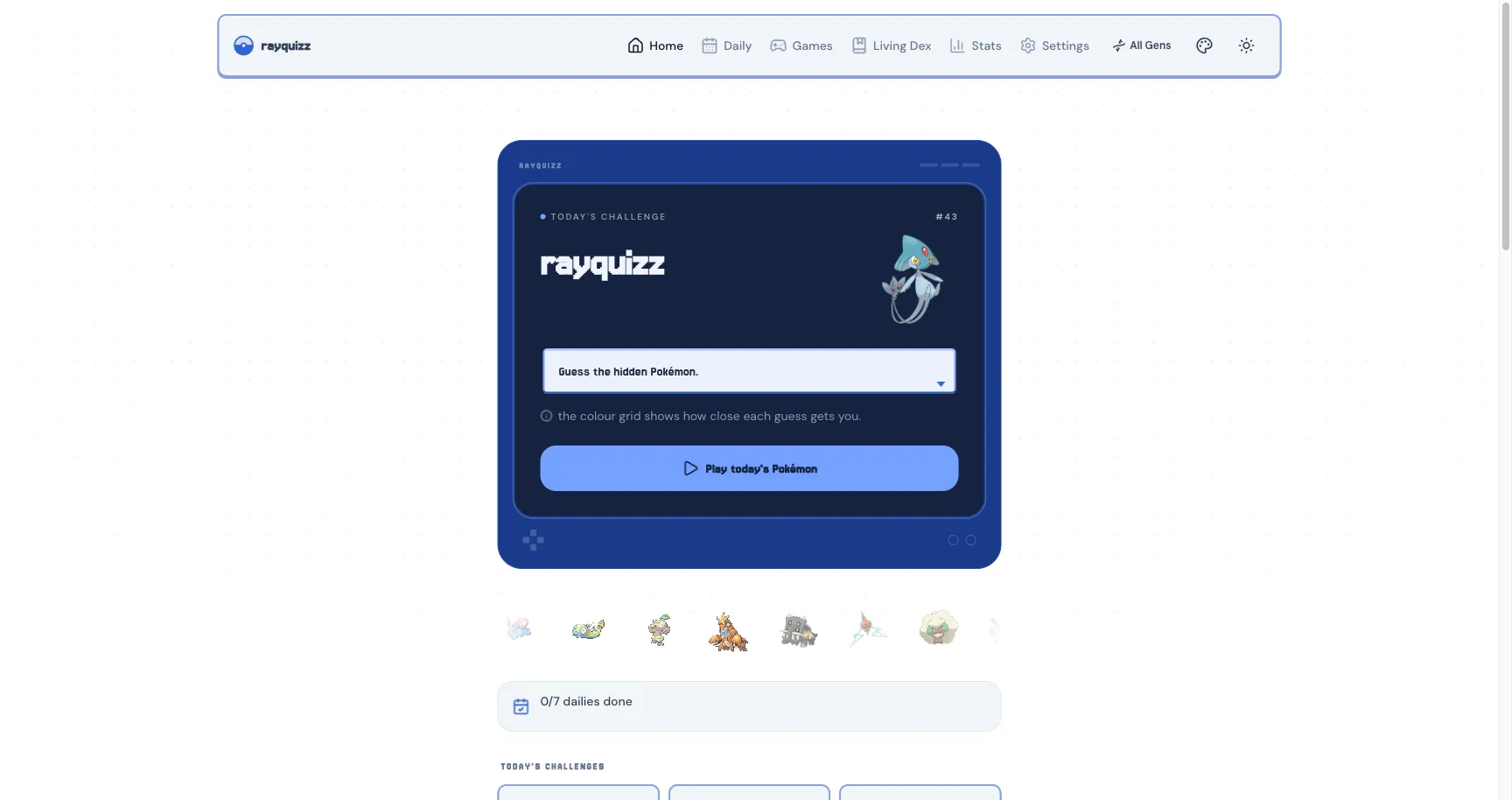 The rayquizz home screen, a handheld-console-styled daily Pokémon guessing challenge